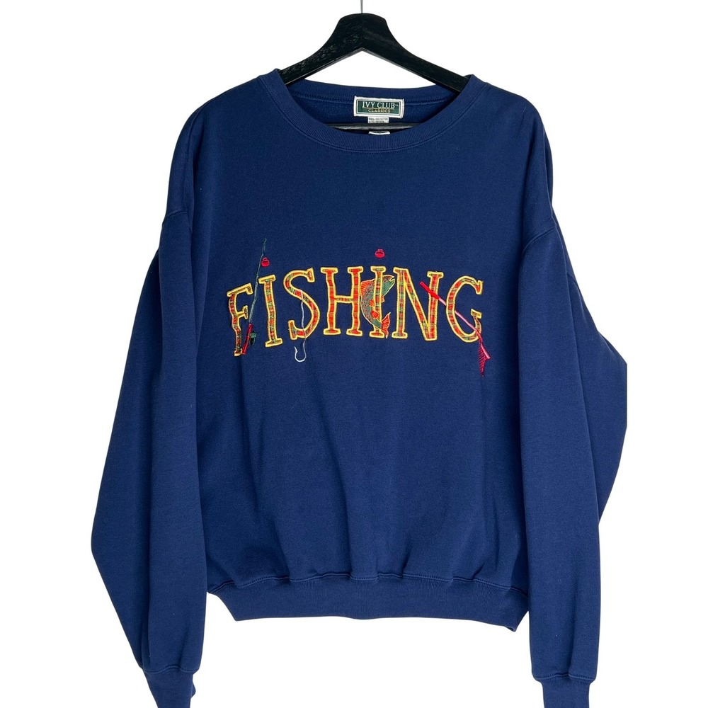 Ivy Club Classics Fishing Sweatshirt Mens Medium Navy Blue Plaid Embroidered Vtg